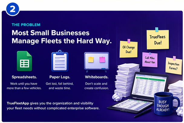Illustration showing spreadsheets, paper logs, and whiteboards used to manage fleet operations